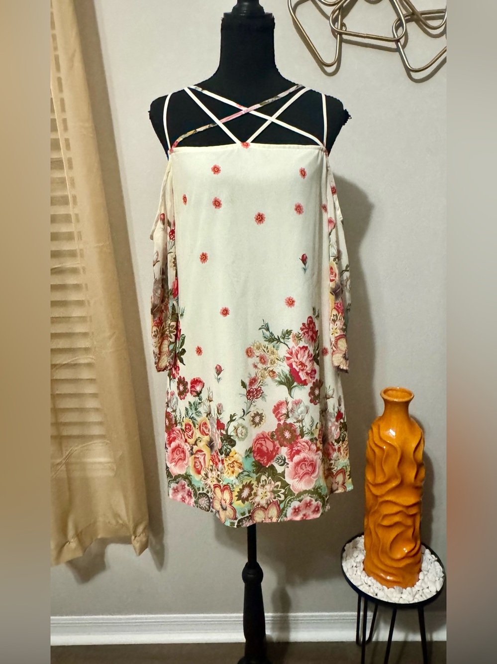 Floral Cold-Shoulder Slip Dress in Cream with Pink Blooms